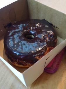 This is a Valrhona -frosted doughnut from the Firecakes truck, Chicago. 